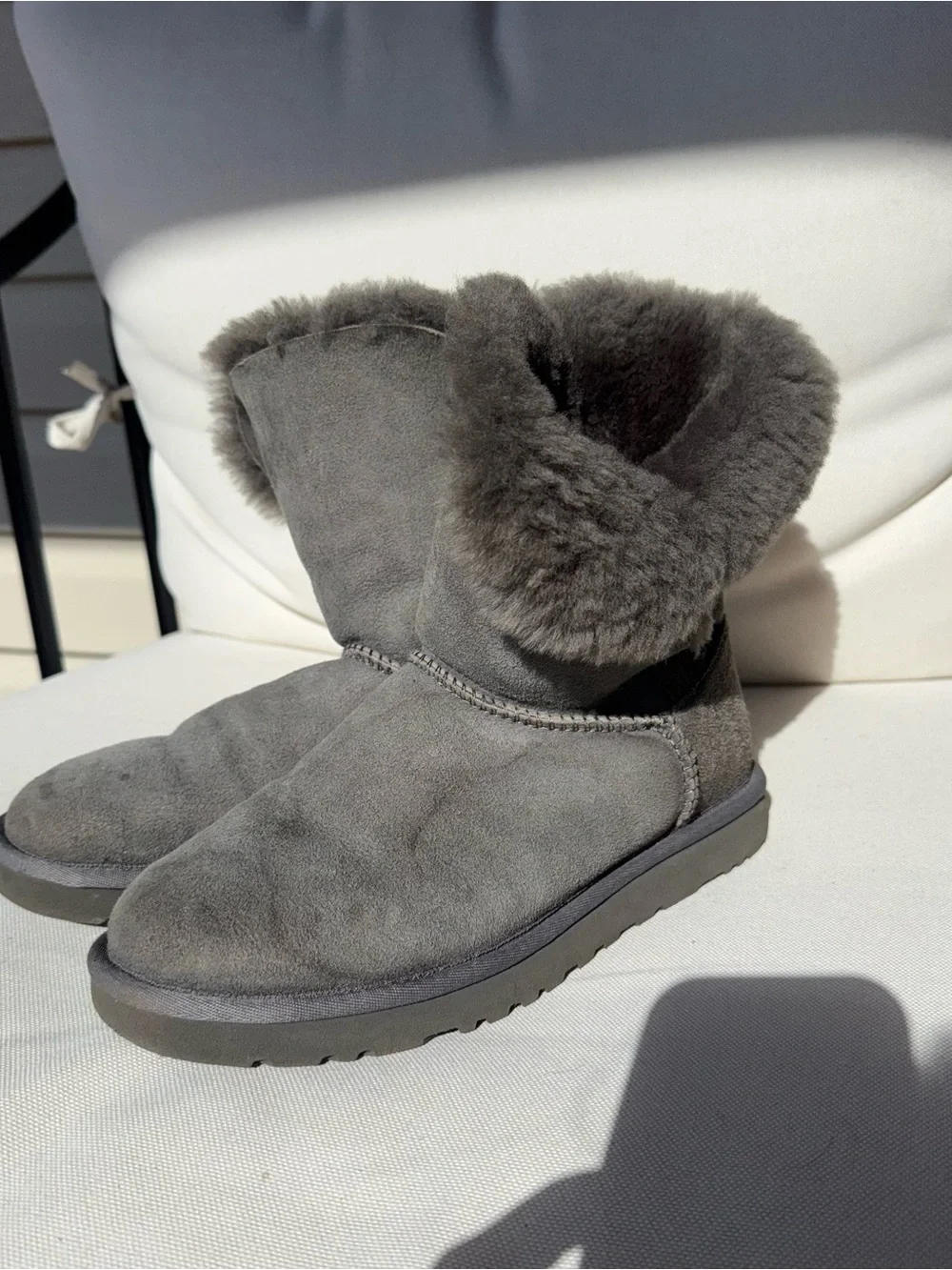 Women's Short Sheepskin Bailey Button Ugg Winter Boots in Gray